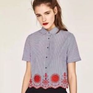 Zara cropped button shirt with embroidered design